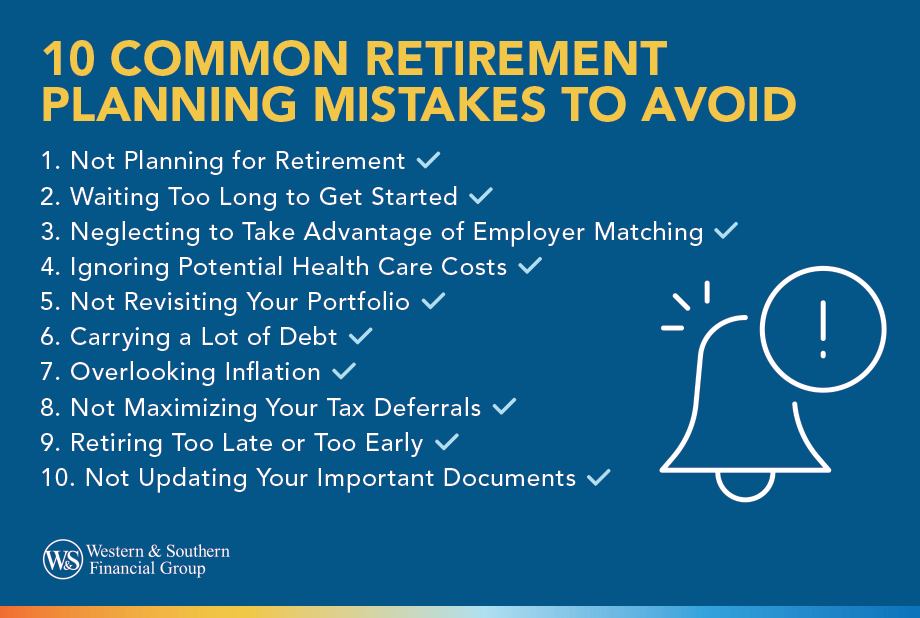 The 10 common retirement planning mistakes include not planning for retirement, waiting too long to start saving, missing out on employer matching contributions, failing to account for healthcare costs, neglecting to rebalance your portfolio over time, carrying excessive debt into retirement, overlooking the effects of inflation, missing tax deferment opportunities, retiring too early or too late, and neglecting to update important legal documents.