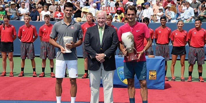 novak djokovic and roger federer with john barrett at the western & southern open