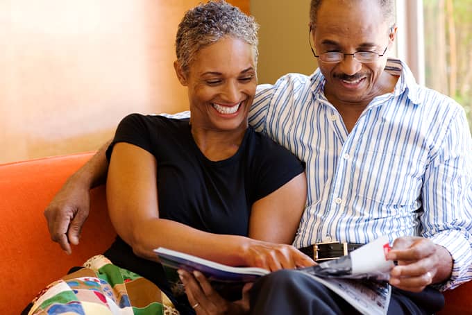 Couple reading a magazine together while thinking about annuity options
