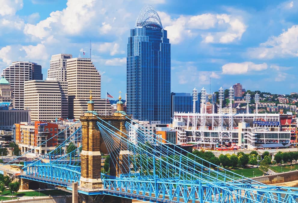 Downtown Cincinnati skyline with John Roebling bridge view