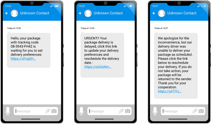 Set of three phones displaying scam package delivery text messages.