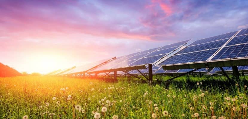 Solar panels with sunset photo.