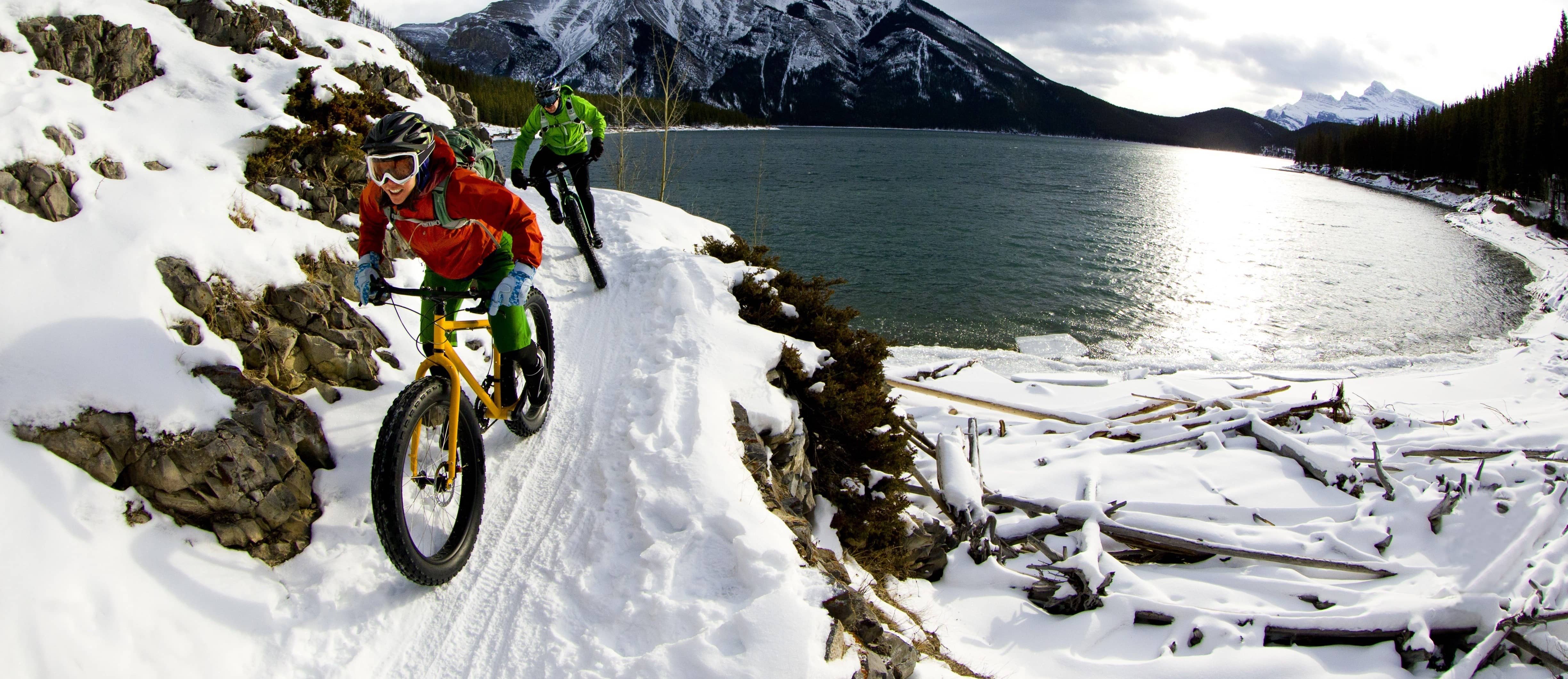 Winter bike ride through the mountains.