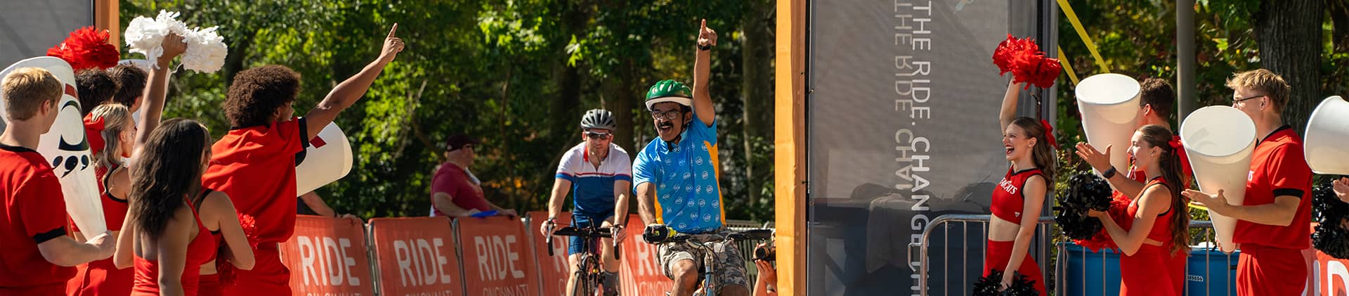 Cyclist crossing finish line at Ride Cincinnati