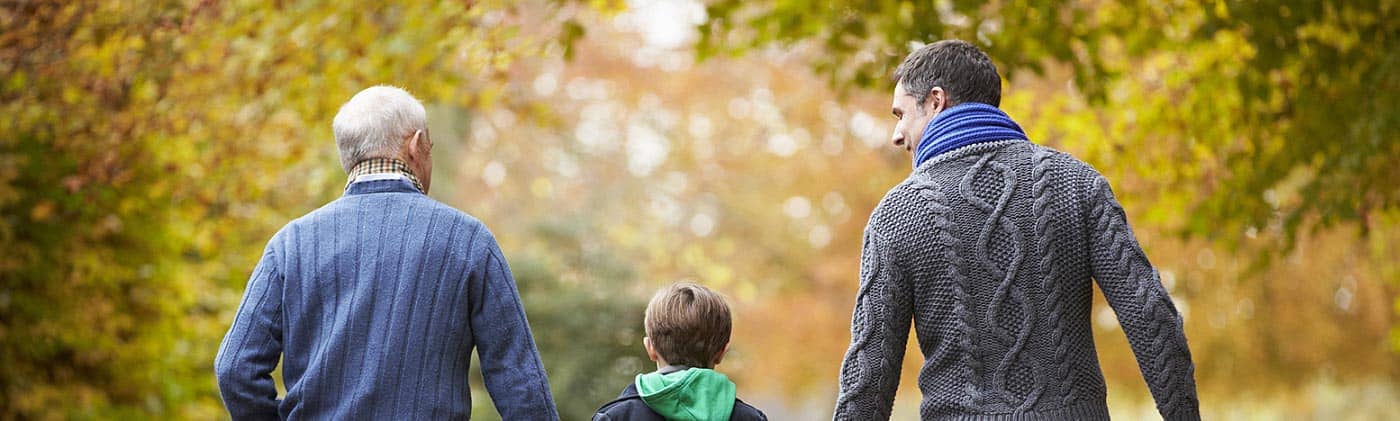 A multi-generational family walks down a path in the fall: term life insurance