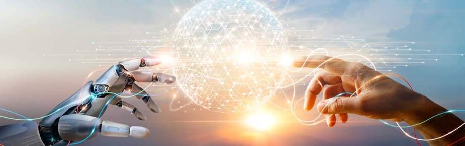 Hands of robot and human touching big data of Global network connection.