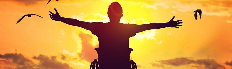 A person sitting in a wheelchair is silhouetted against the setting sun. 