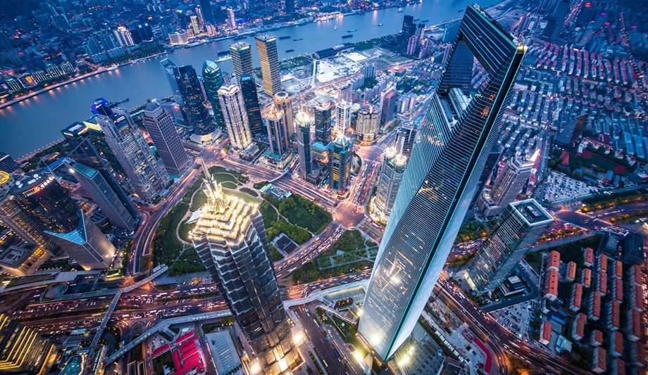 Aerial view of Shanghai landmarks.