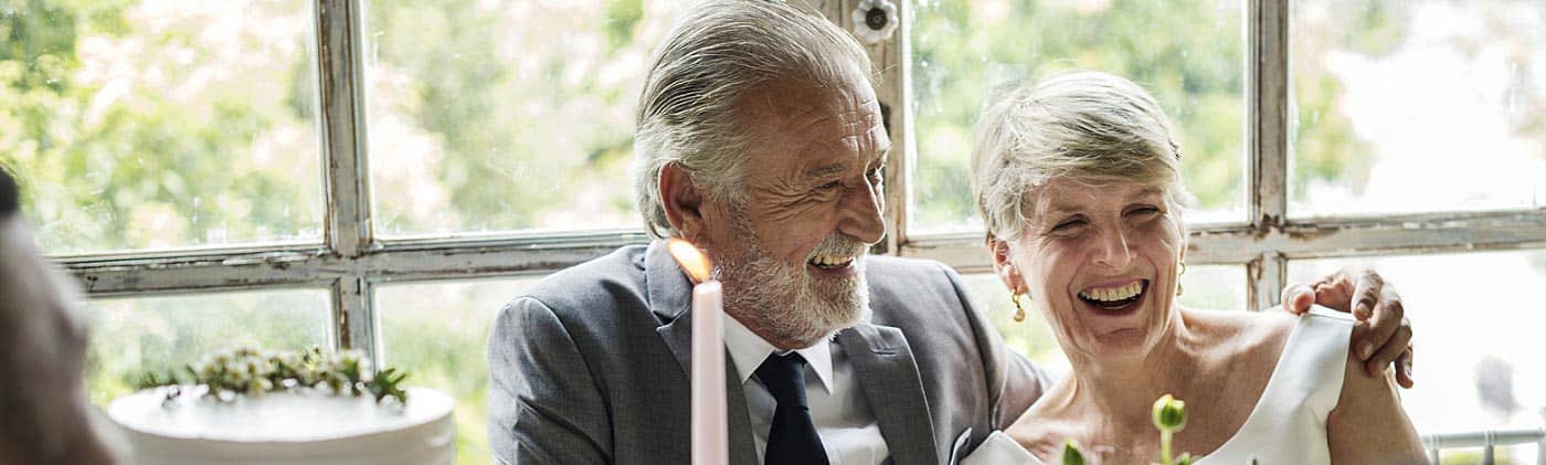 Mature bride and groom smile on their wedding day: second marriage financial advice