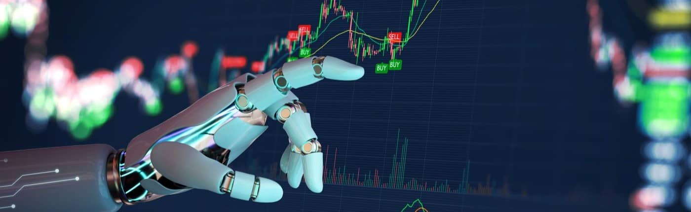 Ai Robot hand touching forex charts and diagrams stock market display on board. Investment and trading on stock market with Artificial Intelligence concept.