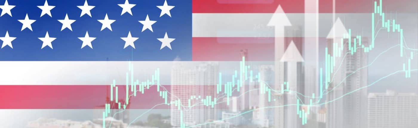 USA flag background with USA Business arrow up and Financial and real estate stocks market graph of America.