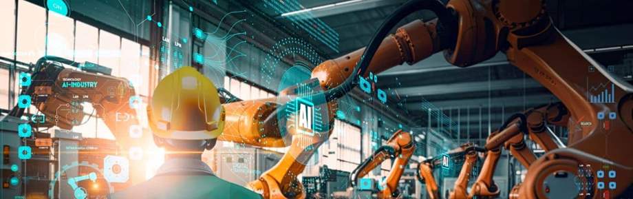 Industrial Engineer working with Ai automation robot arms machine in intelligent factory industrial on real time monitoring system software.