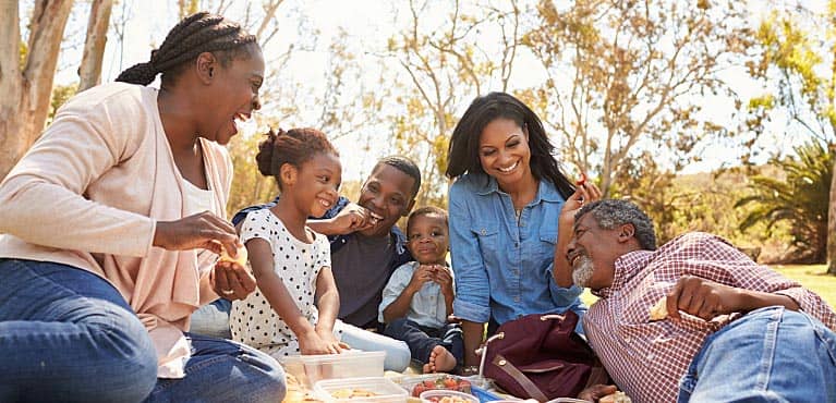 multigenerational family enjoys a picnic in the park and discusses the basics of life insurance