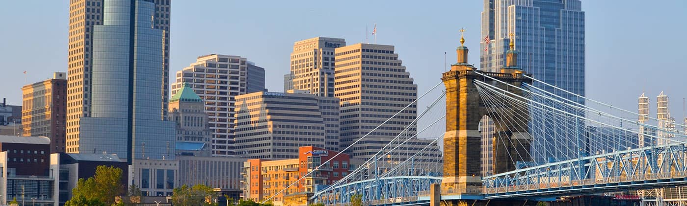 Cincinnati skyline with Great American Tower and bridge