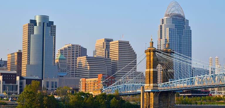 Cincinnati skyline with Great American Tower and bridge