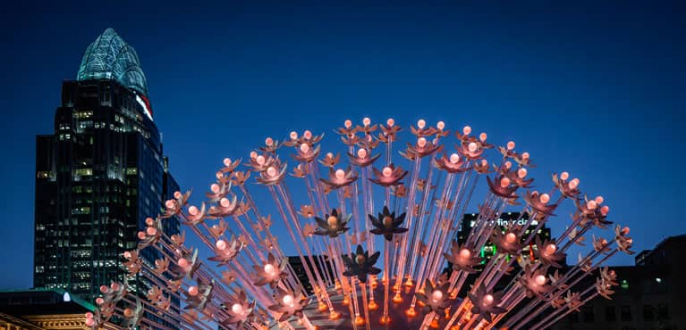 Allium by Everything Good Studio at Lytle Park in downtown Cincinnati, a part of BLINK illuminated by ArtsWave.