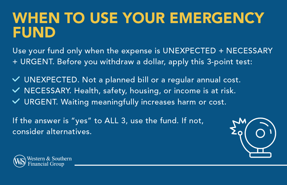 Apply the Unexpected (not a planned bill or a regular annual cost)+ Necessary (health, safety, housing, or income is at risk) + Urgent (waiting meaningfully increases harm or cost) test to determine if the expense should come out of your  emergency fund.